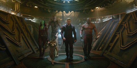 Marvel's Guardians Of The Galaxy..L to R: Gamora (Zoe Saldana), Rocket (Voiced by Bradley Cooper), Groot (Voiced by Vin Diesel), Star-Lord/Peter Quill (Chris Pratt) and Drax (Dave Bautista). ..Ph: Film Frame..©Marvel 2014